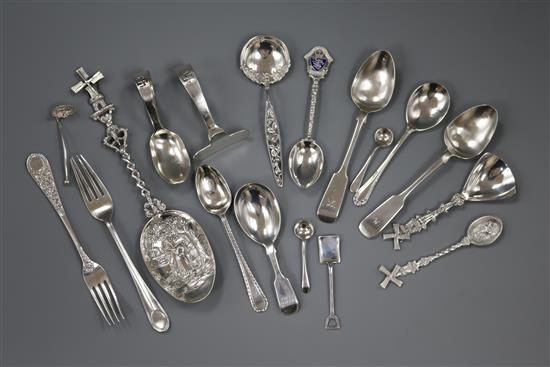 Assorted silver and plated flatware including caddy spoon and a Dutch white metal spoon.